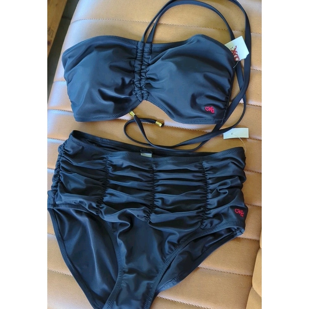 NWT Women's Robert Graham Two Piece Bathing Suit 10 Black Bikini Cute